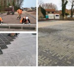 Phase travaux - Réglage du lit de pose / Pose des dalles TTE / Remplissage pavé - avril 2024